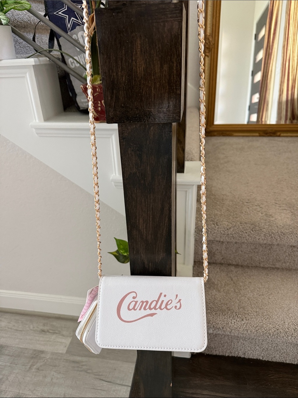 Candie's White Crossbody Bag with Pink Logo and Gold Chain